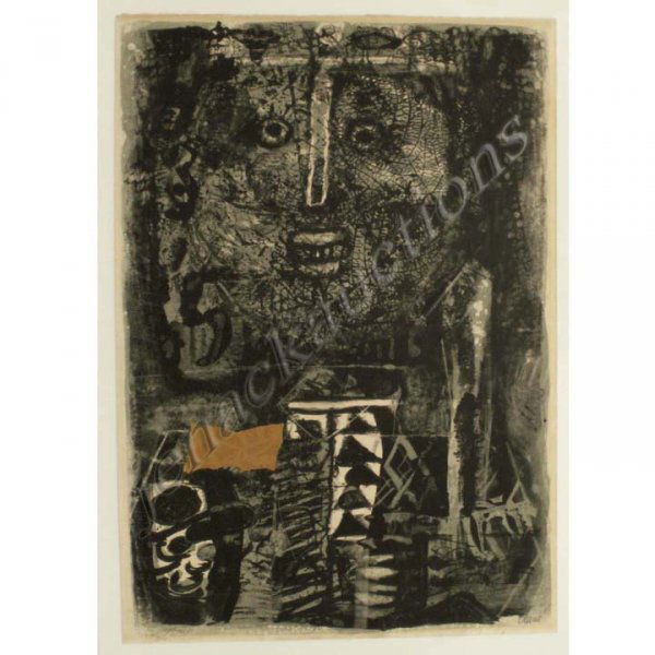 ANTONI CLAVE LITHOGRAPH/COLLAGE, SIGNED: ANTONI CLAVE (SPANISH 1913-1972), LITHOGRAPH/COLLAGE, ABSTRACT FIGURE #123/500, SIGNED. SHEET 19 1/2 X 12 1/4"