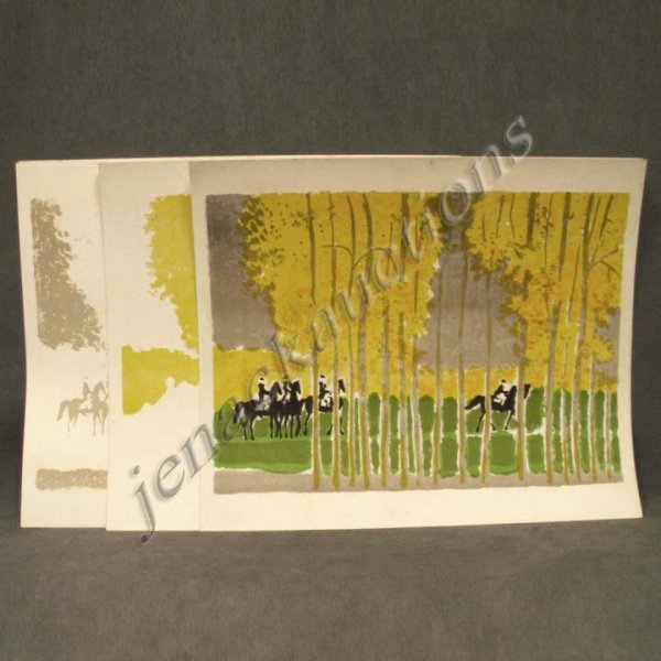 ANDRE BRASILIER (FRENCH 1929-) LITHOGRAPHS: ANDRE BRASILIER (FRENCH 1929-), SET (10) LITHOGRAPHS INCLUDING (9) PROGRESSIVE COLOR TRIAL PROOFS, (1) FINISHED PROOF, "AFTERNOON RIDE", EDITION OF 120, C.1950'S. 20 X 24"