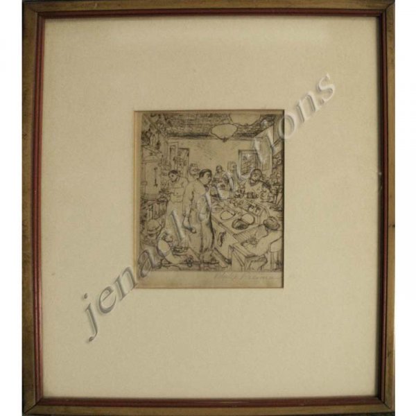 PHILIP REISMAN (AMERICAN 1904-1992), ETCHING: PHILIP REISMAN (AMERICAN 1904-1992), ETCHING, "SODA FOUNTAIN", SIGNED (IN PLATE AND MARGIN) 1928, EDITION OF 50. PLATE-5 X 4 3/8"; FRAMED AND GLAZED-13 1/2 X 11 3/4" (TITLED VERSO)