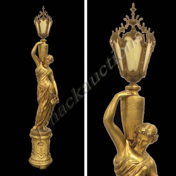 GILT PLASTER CLASSICAL FIGURAL SLAG GLASS LAMP: GILT PLASTER CLASSICAL FIGURAL SLAG GLASS PANELED LAMP ON PEDESTAL. HEIGHT 92"