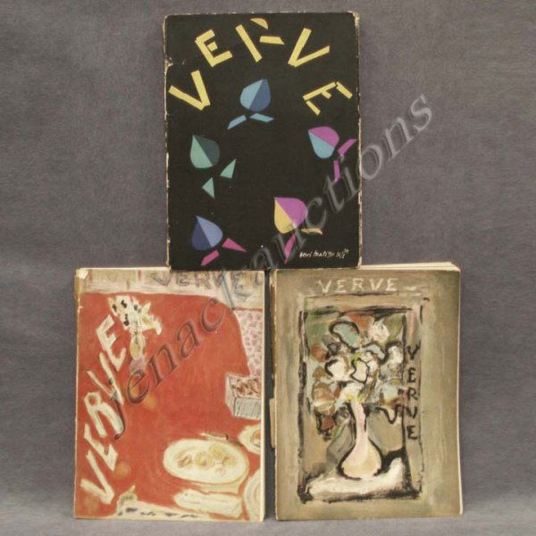 LOT (3) VOLUMES VERVE MAGAZINES: LOT (3) VOLUMES VERVE MAGAZINES INCLUDING VOLUME 1 #3 OCTOBER-DECEMBER 1938, COVER BY PIERRE BONNARD, ORIGINAL LITHOGRAPHS BY CHAGALL, MIRO, RATTNER & KLEE; VOLUME 1 #4 JANUARY-FEBRUARY 1939, COVER BY