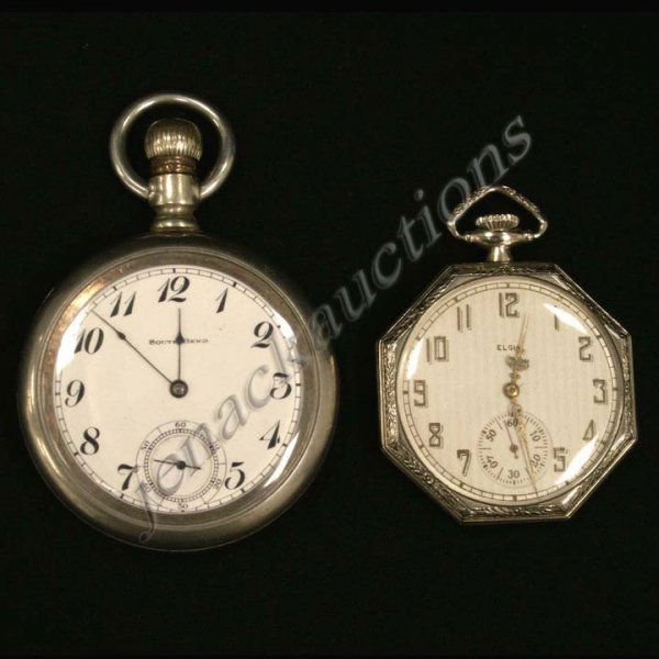 LOT (2) CRESCENT OPEN FACE POCKET WATCHES: LOT (2) GOLD FILLED CRESCENT OPEN FACE POCKET WATCHES INCLUDING ELGIN 17-JEWEL FRATERNAL DRESS WATCH, DIAMETER 1 3/4"; SOUTH BEND 15-JEWEL OPEN FACE WATCH, DIAMETER 2"
