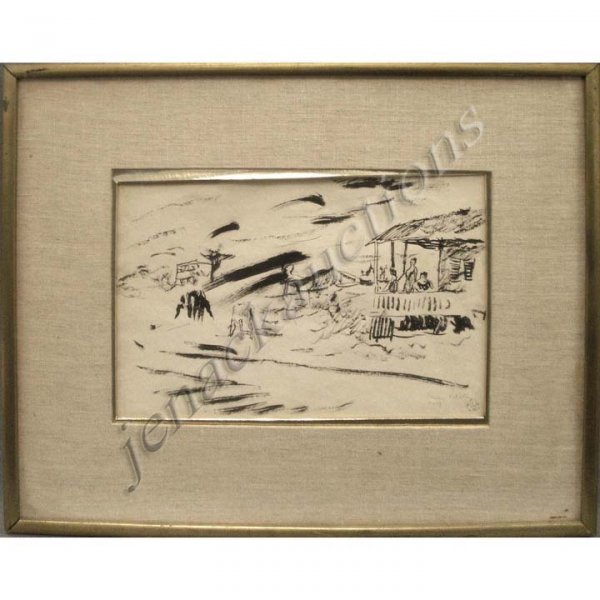 ESTATE OF PASCIN (JULES, FRENCH/AMERICAN 1885-1930: ESTATE OF PASCIN (JULES, FRENCH/AMERICAN 1885-1930), LITHOGRAPH, VIEW FROM THE PORCH, SIGNED PASCIN ESTATE #359, STAMPED WOOD TAYLOR. SIGHT 8 X 12"; FRAMED AND GLAZED-16 X 19 1/2"