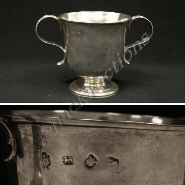 LONDON STERLING DOUBLE HANDLE CUP, 1728-9: LONDON STERLING DOUBLE HANDLE CUP, 1728-9, MONOGRAMMED "1728 DTH", MAKER: HUMPHREY PAYNE. HEIGHT 4 3/8"; 8.09 OZT