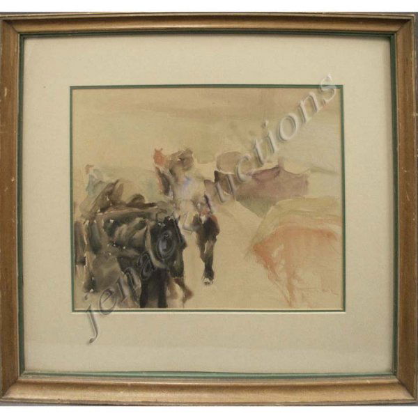 PAL FRIED (HUNGARIAN/AMERICAN 1893-1976): PAL FRIED (HUNGARIAN/AMERICAN 1893-1976) WATERCOLOR, FIGURES ON A DOCK, SIGNED. SIGHT 12 X 16"; FRAMED & GLAZED 22 X 25"