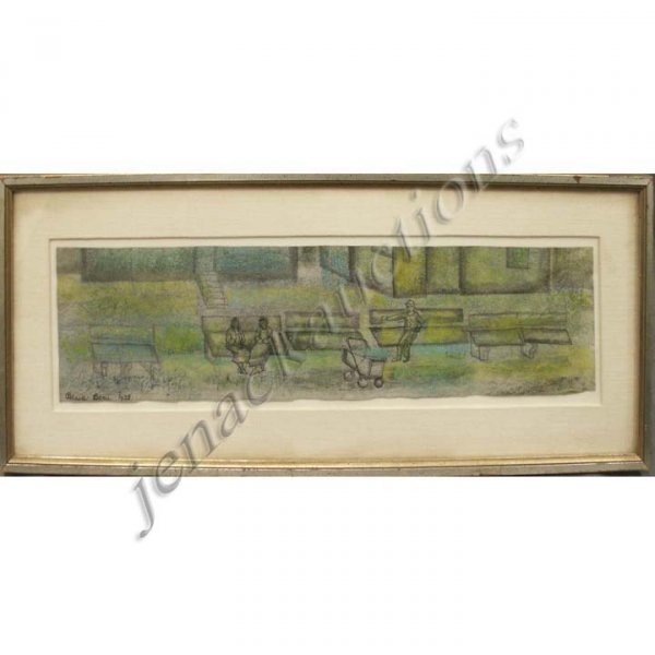 BESSIE BORIS (AMERICAN 1917-1993), MIXED MEDIA: BESSIE BORIS (AMERICAN 1917-1993), MIXED MEDIA, "UNDER THE BRIDGE", SIGNED AND DATED 1958, TITLED VERSO WITH COBER GALLERY LABEL VERSO. SHEET 21 X 5 3/4"; FRAMED AND GLAZED-10 X 26"