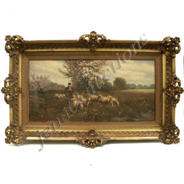 CONTINENTAL SCHOOL (19/20TH CENTURY), OIL: CONTINENTAL SCHOOL (19/20TH CENTURY), OIL ON CANVAS, LANDSCAPE WITH FIGURE AND SHEEP, SIGNED O. FERMONT. 12 X 24"; FRAMED 19 X 31"