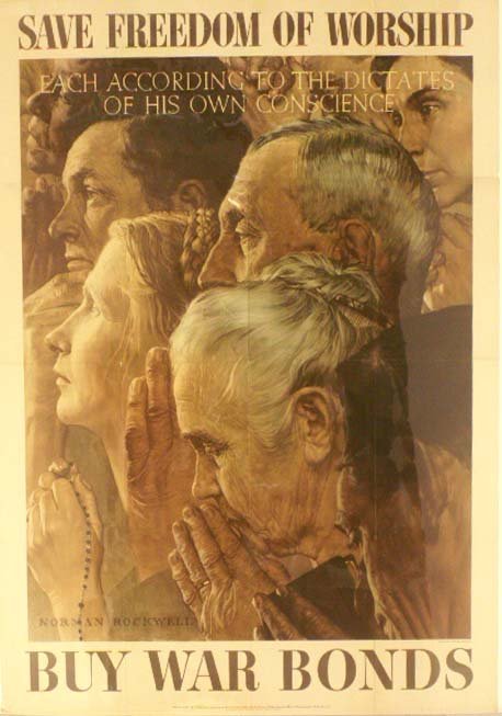 WWII LITHOGRAPHIC POSTER "SAVE FREEDOM OF WORSHIP: WWII LITHOGRAPHIC POSTER, "SAVE FREEDOM OF WORSHIP", ROCKWELL 1943. 40 X 28 1/2"