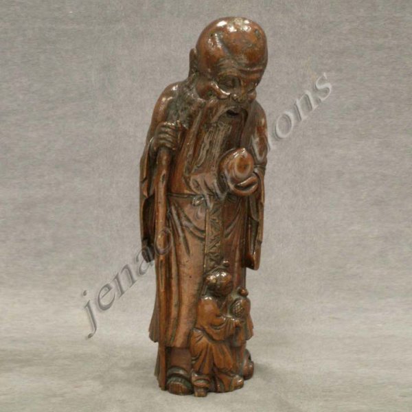 CHINESE CARVED BAMBOO FIGURE OF SHOULAO/CHILED: CHINESE CARVED BAMBOO FIGURE OF SHOULAO/CHILED, MID CHING. HEIGHT 11 3/4" PROVENANCE: CHRISTIE'S LONDON SALE 5092, FEB. 22, 2007 LOT 1941