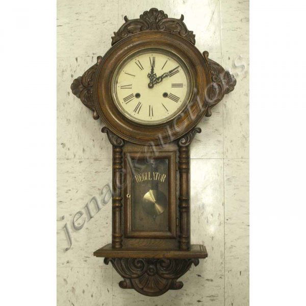 VINTAGE CARVED OAK WALL REGULATOR, WALL CLOCK: VINTAGE CARVED OAK WALL REGULATOR, WALL CLOCK. HEIGHT 30"