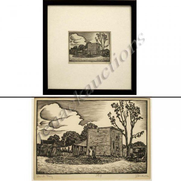 JULIUS J. LANKES (AMERICAN 1884-1960), WOODBLOCK: JULIUS J. LANKES (AMERICAN 1884-1960), WOODBLOCK PRINT, "WASH DAY"NO. 4, SIGNED (IN PLATE AND MARGIN), PLATE 5 1/4 X 8 1/8"; FRAMED AND GLAZED-17 X 18 1/2"