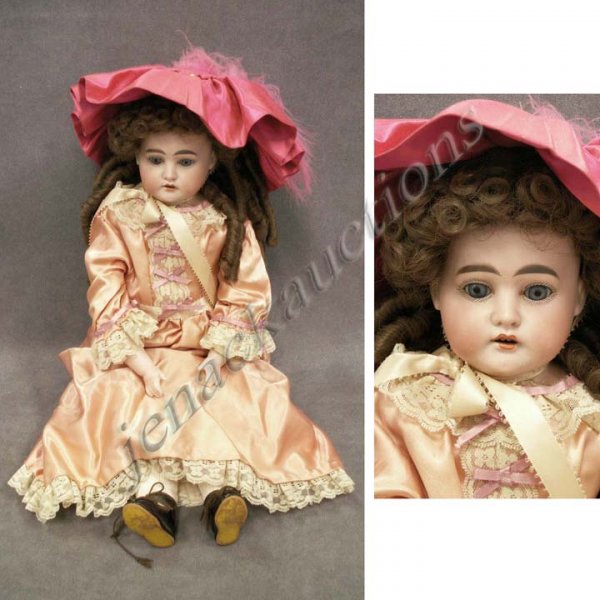 ARMAND MARSEILLES BISQUE PORCELAIN DOLL: ARMAND MARSEILLES BISQUE PORCELAIN SHOULDER PLATE DOLL (PLATE MENDED) WITH OPEN MOUTH, SLEEP EYES, AND KID BODY, #1897. HEIGHT 21"