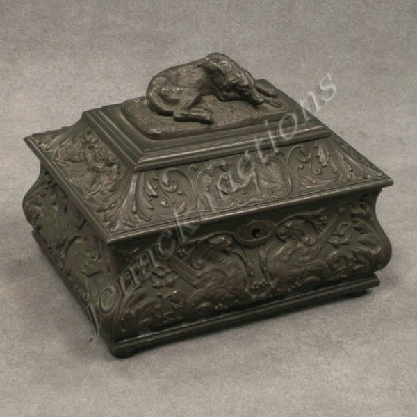 RENAISSANCE STYLE REPOUSSE IRON JEWELRY CASKET: RENAISSANCE STYLE REPOUSSE IRON JEWELRY CASKET WITH KEY, 19TH CENTURY. HEIGHT 5 1/2"; TOP 4 3/4 X 6 1/2"