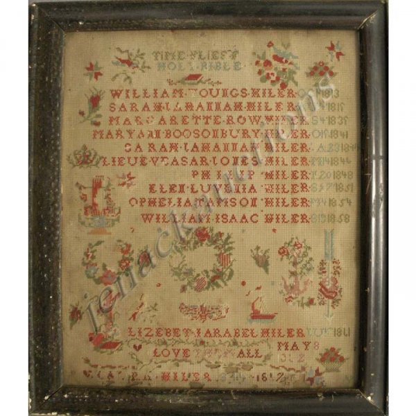 VINTAGE FAMILY RECORD CROSS-STITCH SAMPLER: VINTAGE FAMILY RECORD CROSS-STITCH SAMPLER, ELIZABETH ARABEL-HILER 1861. FRAMED AND GLAZED-20 X 17" (IMPERFECTIONS)