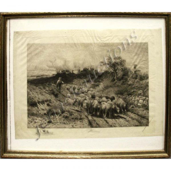 PETER MORAN (AMERICAN 1842-1915), ETCHING: PETER MORAN (AMERICAN 1842-1915), ETCHING ON VELLUM, BRINGING IN THE FLOCK, SIGNED. PLATE 15 3/4 X 20 1/2"; SHEET 18 1/2 X 25"; FRAMED AND GLAZED-21 1/2 X 26 1/2"
