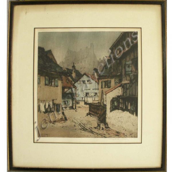 LUIGI KASIMIR (AMERICAN 1881-1962), ETCHING: LUIGI KASIMIR (AMERICAN 1881-1962), HAND COLORED ETCHING, GERMAN VILLAGE, SIGNED IN PLATE & MARGIN PLATE. 12 X 10 1/2"; FRAMED & GLAZED 19 X 15 3/4"