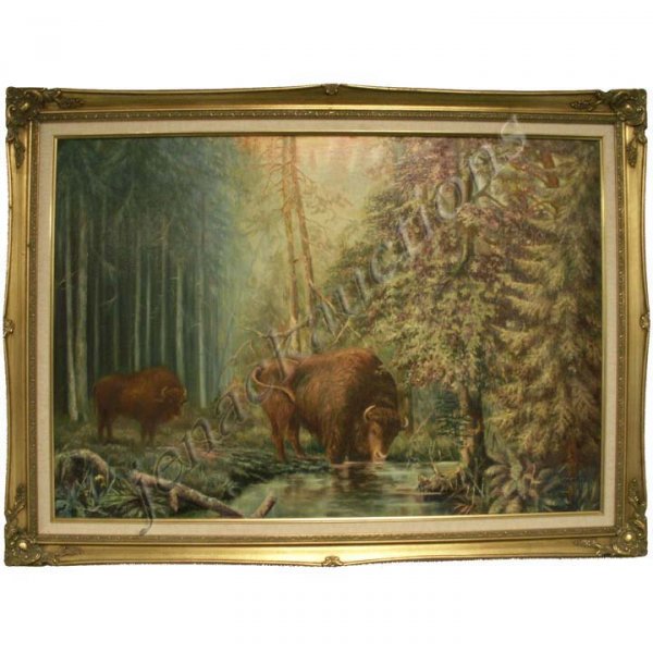 CONTINENTAL SCHOOL (20TH CENTURY), OIL ON CANVAS: CONTINENTAL SCHOOL (20TH CENTURY), OIL ON CANVAS, WATERING BISON, SIGNED ILLEGIBLY. 24 X 36"; FRAMED 29 1/2 X 41 1/2"