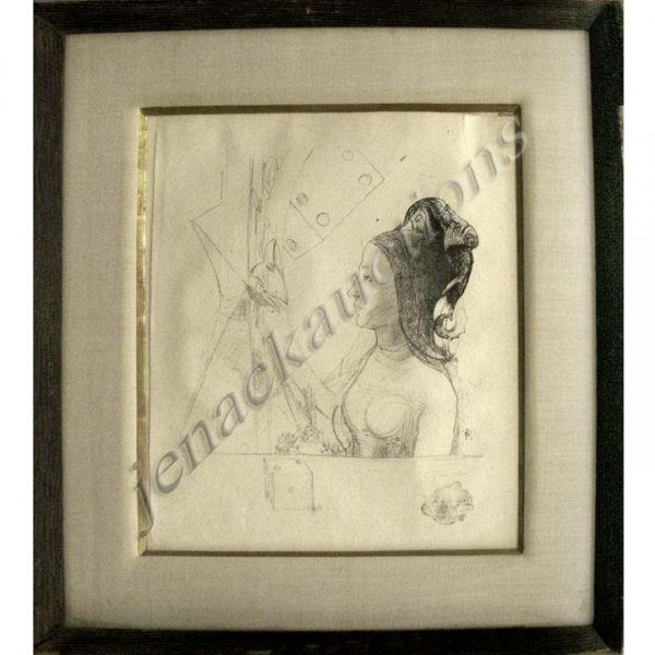 ODILON REDON (FRENCH 1840-1916) LITHOGRAPH: ODILON REDON (FRENCH 1840-1916) LITHOGRAPH, "FEMME AU HENNIN" (MELLERIO 186) FROM THE ALBUM "PLANCHES D'ESSAI" 1900, POSTHUMOUS PRINTING. MONOGRAMMED. SHEET 14 X 12"; FRAMED & GLAZED 20 X 18" (HEYDENR