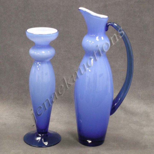 LOT (2) ORREFORS BLUE CASE GLASS PITCHER AND VASE: LOT (2) ORREFORS BLUE CASE GLASS PITCHER AND VASE WITH ORREFORS LABEL HEIGHT 15 1/4" & 12 3/4"