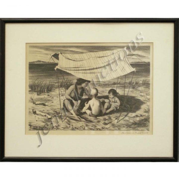 LAWRENCE BEALL SMITH (AMERICAN 1909-) LITHOGRAPH: LAWRENCE BEALL SMITH (AMERICAN 1909-) LITHOGRAPH, "SEASIDE NOMADS", SIGNED, 1945. PLATE 9 1/2 X 13 1/4"; FRAMED AND GLAZED-16 X 19 1/2" (AAA ED.)