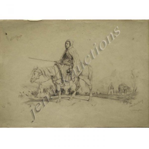 OTTO KARL KIRBERG (GERMAN 1850-1926), GRAPHITE : OTTO KARL KIRBERG (GERMAN 1850-1926), GRAPHITE ON PAPER, GOAT HERDER ON HORSEBACK, SIGNED. SHEET 10 X 14"