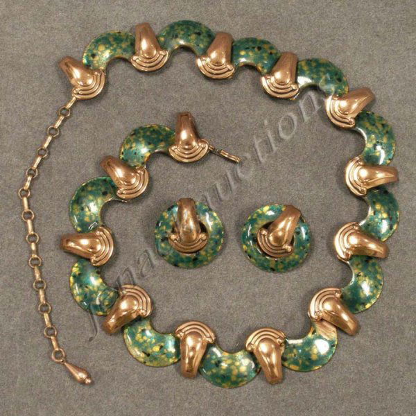SET MATISSE NECKLACE & EARRINGS: SET MATISSE COPPER & ENAMELED NECKLACE & PAIR CLIPPED BACK EARRINGS, SIGNED. LENGTH/NECKLACE 18"