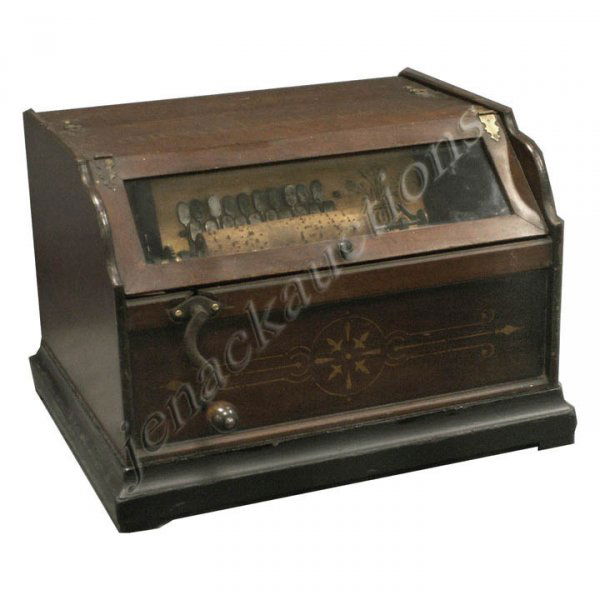 VINTAGE CONCERT ROLLER ORGAN: VINTAGE CONCERT ROLLER ORGAN WITH STENCILED WALNUT CASE, C.1887. HEIGHT 12"; WIDTH 17"