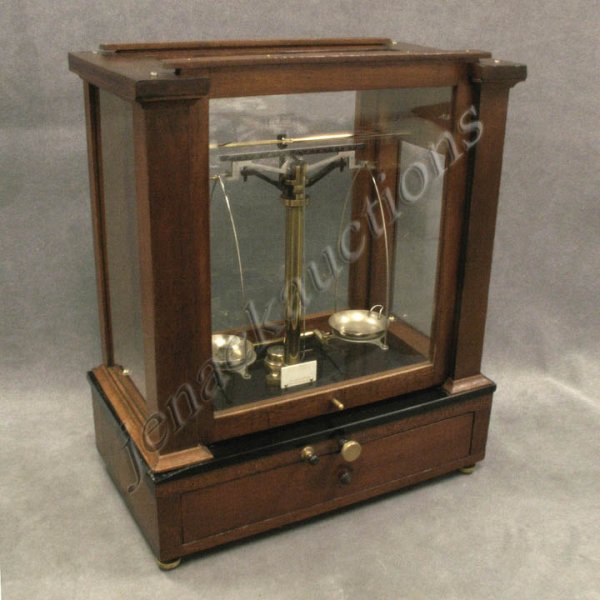 VINTAGE VOLAND AND SONS ANALYTICAL BALANCE/WEIGHT: VINTAGE VOLAND AND SONS MAHOGANY CASED ANALYTICAL BALANCE WITH WEIGHTS. HEIGHT 20 1/2"; WIDTH 17"