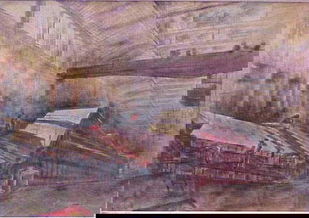 INK/W/C, INDUSTRIALIST INTERIOR, DEFOREST: INK/WATERCOLOR, INDUSTRIALIST INTERIOR, ATTRIBUTED TO JOHN DEFOREST STULL (AMERICAN 1910-1972). 14 X 20" (IMPERFECTIONS)