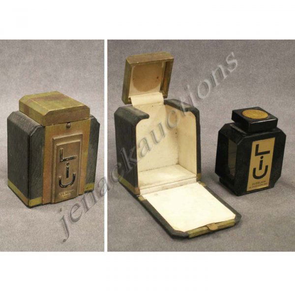 VINTAGE GUERLAIN LIU PERFUME BOTTLE WITH ORIGINAL: VINTAGE GUERLAIN LIU PERFUME BOTTLE WITH ORIGINAL BOX, C.1930. HEIGHT 3 1/4" (BLACK GLASS BOTTLE EMPTY, LIKELY BACCARAT)