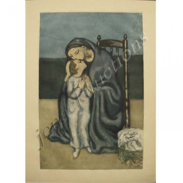 AFTER PABLO PICASSO (SPANISH/FRENCH 1881-1973), CO: AFTER PABLO PICASSO (SPANISH/FRENCH 1881-1973), COLOR ETCHING/AQUATINT, "MATERNITE" (GINESTET/POUILLON 670), SIGNED (IN PLATE), JACQUES VILLON 1930. PLATE 25 5/8 X 16 3/4"; SHEET 30 X 21" (LOOSE)