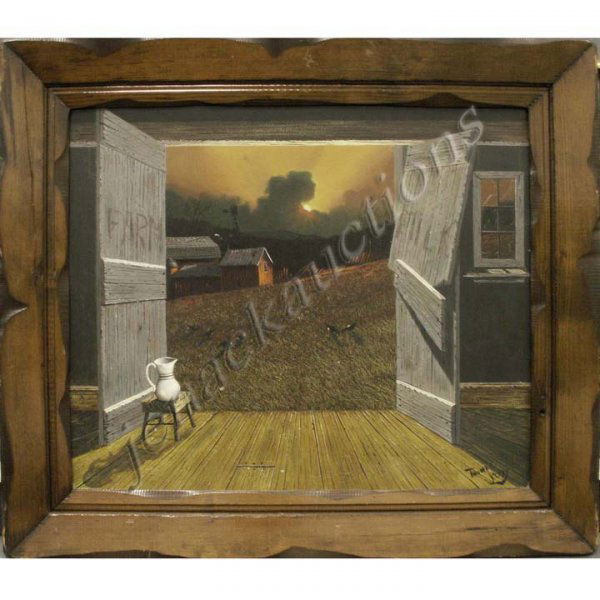 THOMAS KERRY (AMERICAN 20TH CENTURY), OIL ON MASON: THOMAS KERRY (AMERICAN 20TH CENTURY), OIL ON MASONITE, BARN LANDSCAPE, SIGNED. 20 X 24"; FRAMED 26 X 30"