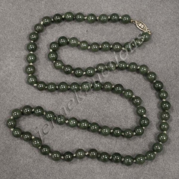 STRAND (80) 8.05 TO 8.10 MM DARK GREEN JADE BEADED: STRAND (80) 8.05 TO 8.10 MM DARK GREEN JADE BEADED NECKLACE WITH STERLING CLASP. LENGTH 20"