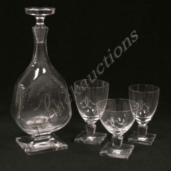 SET (34) ORREFORS ENGRAVED CRYSTAL STEMWARE: SET (34) ORREFORS ENGRAVED CRYSTAL STEMWARE INCLUDING (11) GOBLETS, HEIGHT 5 1/4"; (11) CHAMPAGNES, HEIGHT 4 1/4"; (11) WINES, HEIGHT 5"; DECANTER, HEIGHT 12"