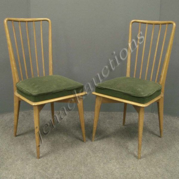 SET (6) CHARLES RAMOS DESIGN MAPLE SIDE CHAIRS: SET (6) CHARLES RAMOS DESIGN MAPLE SPINDLE-BACK SIDE CHAIRS WITH UPHOLSTERED SEATS (WEAR). HEIGHT 35"