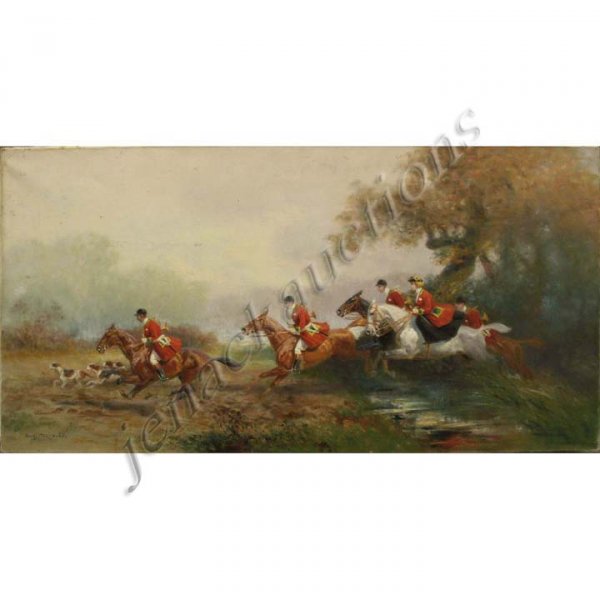 EUGENE PACHAUBES OIL PAINTING ON CANVAS: EUGENE PACHAUBES (FRENCH 1890-1967) OIL ON CANVAS, THE HUNT, SIGNED. 20 X 39"