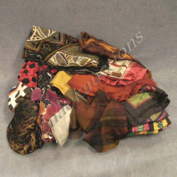 LOT ASSORTED VINTAGE DESIGNER SCARVES: LOT ASSORTED VINTAGE SCARVES INCLUDING (6) YVES SAINT LAURENT, (3) CHARVEL, EMANUEL UNGARO, JIL SANDER, GIANFRANCO & (3) OTHERS