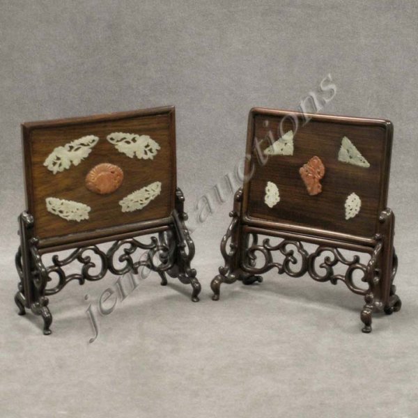 PAIR CHINESE JADE /HARDWOOD TABLE SCREENS: PAIR CHINESE JADE MOUNTED HARDWOOD TABLE SCREENS. HEIGHT 8"; WIDTH 7" (1/SCREEN HAS 2/FEET REATTACHED)