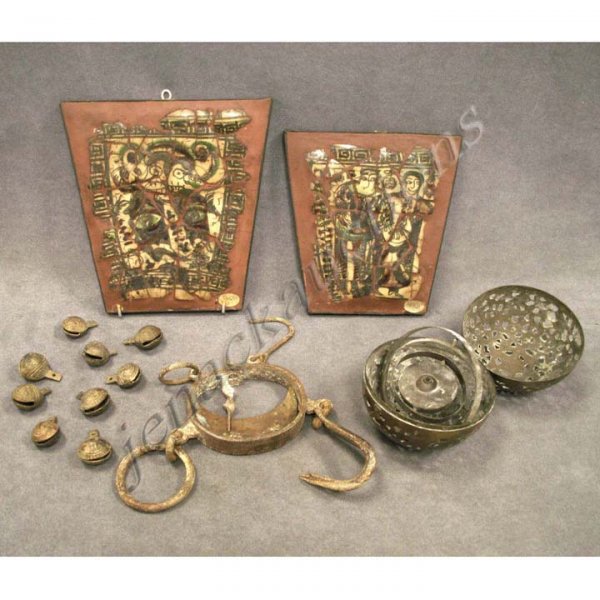 LOT ASSORTED PERSIAN INCLD. FAIENCE MOSAIC PANELS: LOT ASSORTED PERSIAN INCLUDING FAIENCE MOSAIC PANELS, BRASS GIMBLE MOUNT INSTRUMENT, BRASS SCALE, ASSORTED BELLS. PANELS HEIGHT 6 1/2" TO 7 1/2"