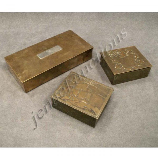 LOT (3) ART DECO SILVERCREST BRONZE CIGARETTE BOXE: LOT (3) ART DECO SILVERCREST BRONZE CIGARETTE BOXES. 4 X 8"; 3 1/2 X 4 1/4"