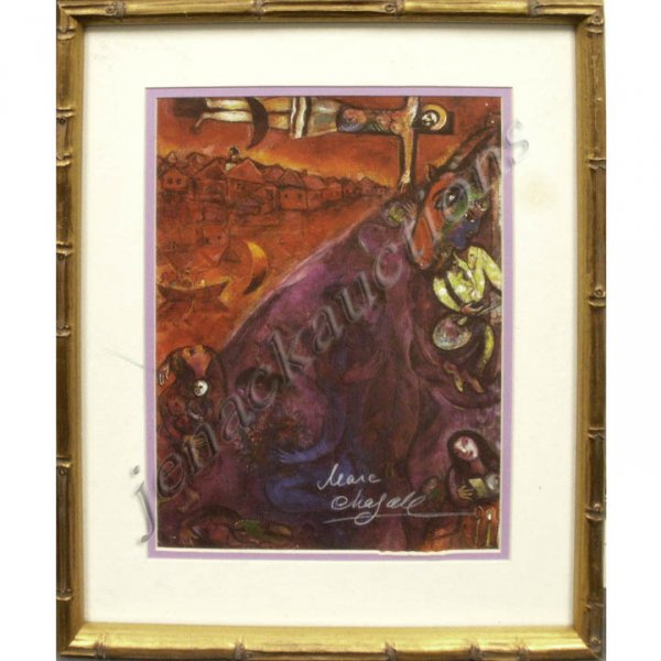 AFTER MARC CHAGALL (FRENCH/RUSSIAN 1887-1985): AFTER MARC CHAGALL (FRENCH/RUSSIAN 1887-1985), OFFSET PRINT, ARTIST SIGNED. FRAMED AND GLAZED-17 X 13 1/2" WITH COA HERMAN DARVICK, NEW YORK