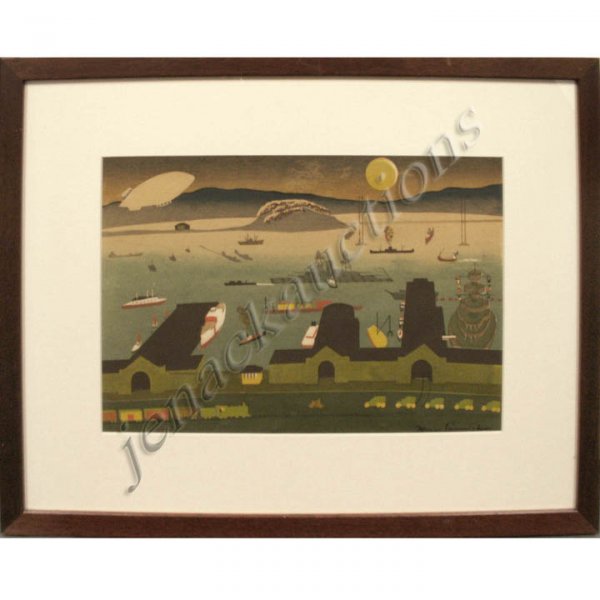 MARION OSBORN CUNNINGHAM (AMERICAN/SAN FRANCISCO 1: MARION OSBORN CUNNINGHAM (AMERICAN/SAN FRANCISCO 1911-1948) SERIGRAPH, SAN FRANCISCO BAY/HARBOR, SIGNED. SIGHT 8 3/4 X 12 1/2"; FRAMED & GLAZED 15 X 19"