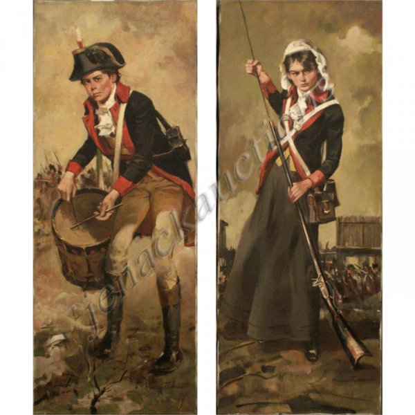 HENRY THOMAS (AMERICAN 20TH CENTURY) LOT (2) OIL O: HENRY THOMAS (AMERICAN 20TH CENTURY) LOT (2) OIL ON CANVAS, REVOLUTIONARY WAR ILLUSTRATIONS, SIGNED. 40 X 16"