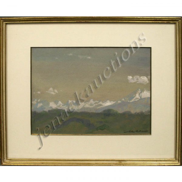 ARTHUR B. DAVIS (AMERICAN 1862-1927) WATERCOLOR: ARTHUR B. DAVIS (AMERICAN 1862-1927) WATERCOLOR/GOUACHE WIND RIVER NEVADA, SIGNED (ESTATE STAMP). SIGHT 9 X 12"; FRAMED & GLAZED 15 1/2 X 18 1/2", JAMES GRAHAM & SONS LABEL VERSO