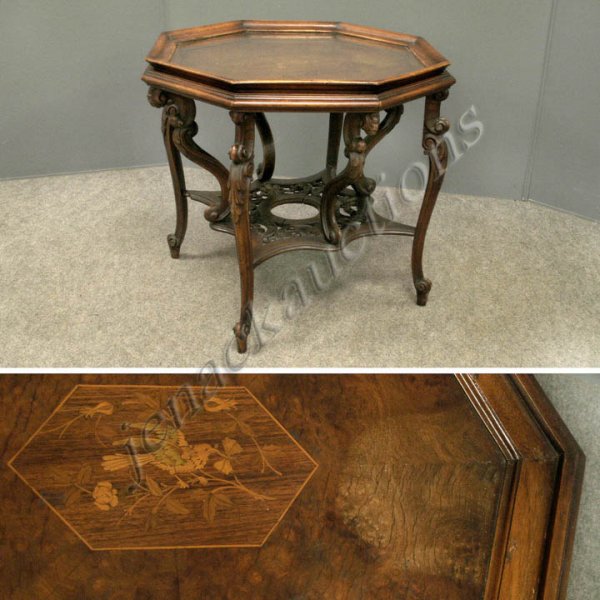 FRENCH ART NOUVEAU TRAY-TOP TABLE: FRENCH ART NOUVEAU CARVED & INLAID WALNUT OCTAGONAL TRAY-TOP TABLE. HEIGHT 24"; TOP 25 X 25"
