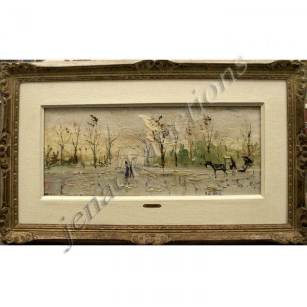 GABRIEL DAUCHOT (FRENCH 1927-2005) OIL ON CANVAS: GABRIEL DAUCHOT (FRENCH 1927-2005) OIL ON CANVAS "PROMENADE AU PARK", SIGNED. 7 1/2 X 18 1/2"; FRAMED 14 1/2 X 25 1/2" PROVENANCE: EDGARDO ACOSTA GALLERY, BEVERLY HILLS CA. (LABEL VERSO)