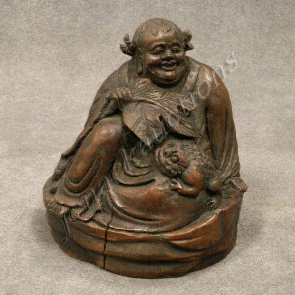 CHINESE CARVED BAMBOO FIGURE OF LUI HAI WITH FROG: CHINESE CARVED BAMBOO FIGURE OF LUI HAI WITH FROG, CHING. HEIGHT 4 3/4"