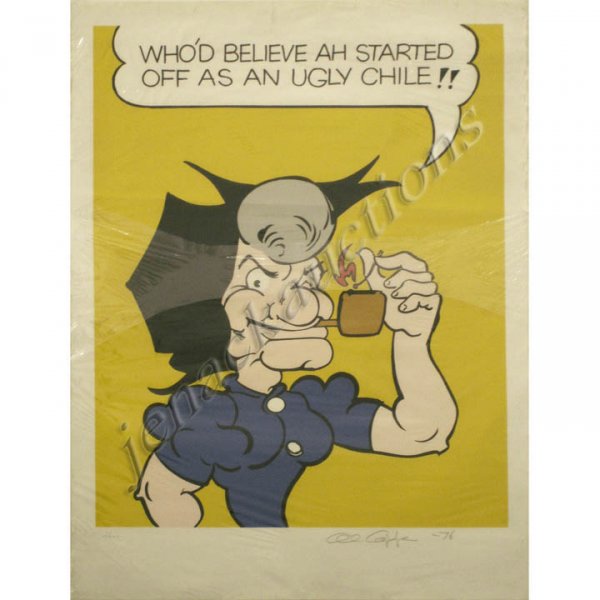 AL CAPP (AMERICAN 1909-1979), SERIGRAPH: AL CAPP (AMERICAN 1909-1979), SERIGRAPH, "WHO'D BELIEVE AH STARTED OFF AS AN UGLY CHILE!!", #2/300, SIGNED & DATED 1979. SHEET 50 X 36" (EDGE CREASES/TEARS)