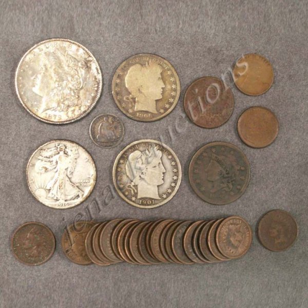 LOT (22) ASSORTED UNITED STATES COINS: LOT (22) ASSORTED UNITED STATES COINS INCLUDING 1878-CC MORGAN DOLLAR; 1906-O/1901 BARBER HALF DOLLARS; 1916 WALKING LIBERTY HALF DOLLAR; 1873 HALF DIME; 1865 TWO CENT; (13) ASSORTED INDIAN HEAD CENTS