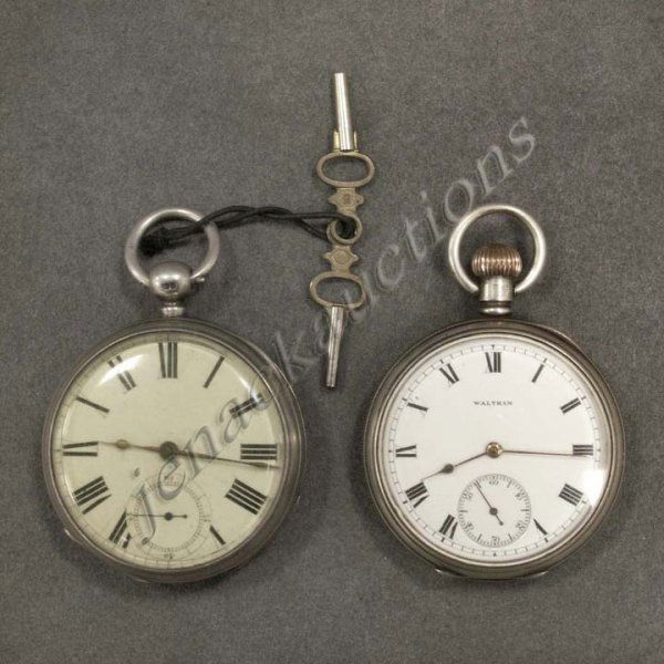 LOT (2) WALTHAM SILVER OPEN-FACE POCKET WATCHES: LOT (2) WALTHAM SILVER CASED OPEN-FACE POCKET WATCHES 19TH CENTURY INCLUDING 17-JEWEL KEY WIND. DIAMETER 2"